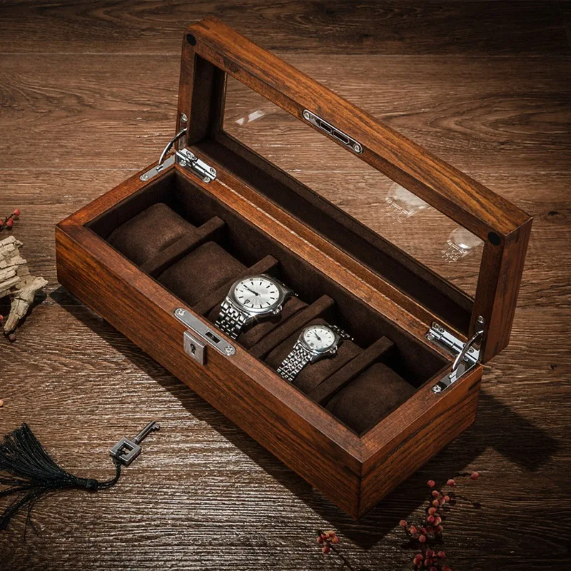 

Tang 5 Slots Wood Watch Storage Boxes Case Mechanical Men'S Watch Storage Case Lock Wooden Display Jewelry Gift Box