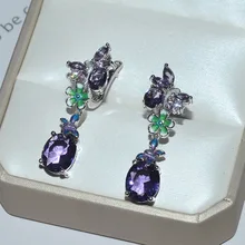 Femme Silver Color Flower Pendant Drop Earring Purple Color Crystal Zircon Fine Jewelry Fashion Retro Wedding Engagement Gift Q4