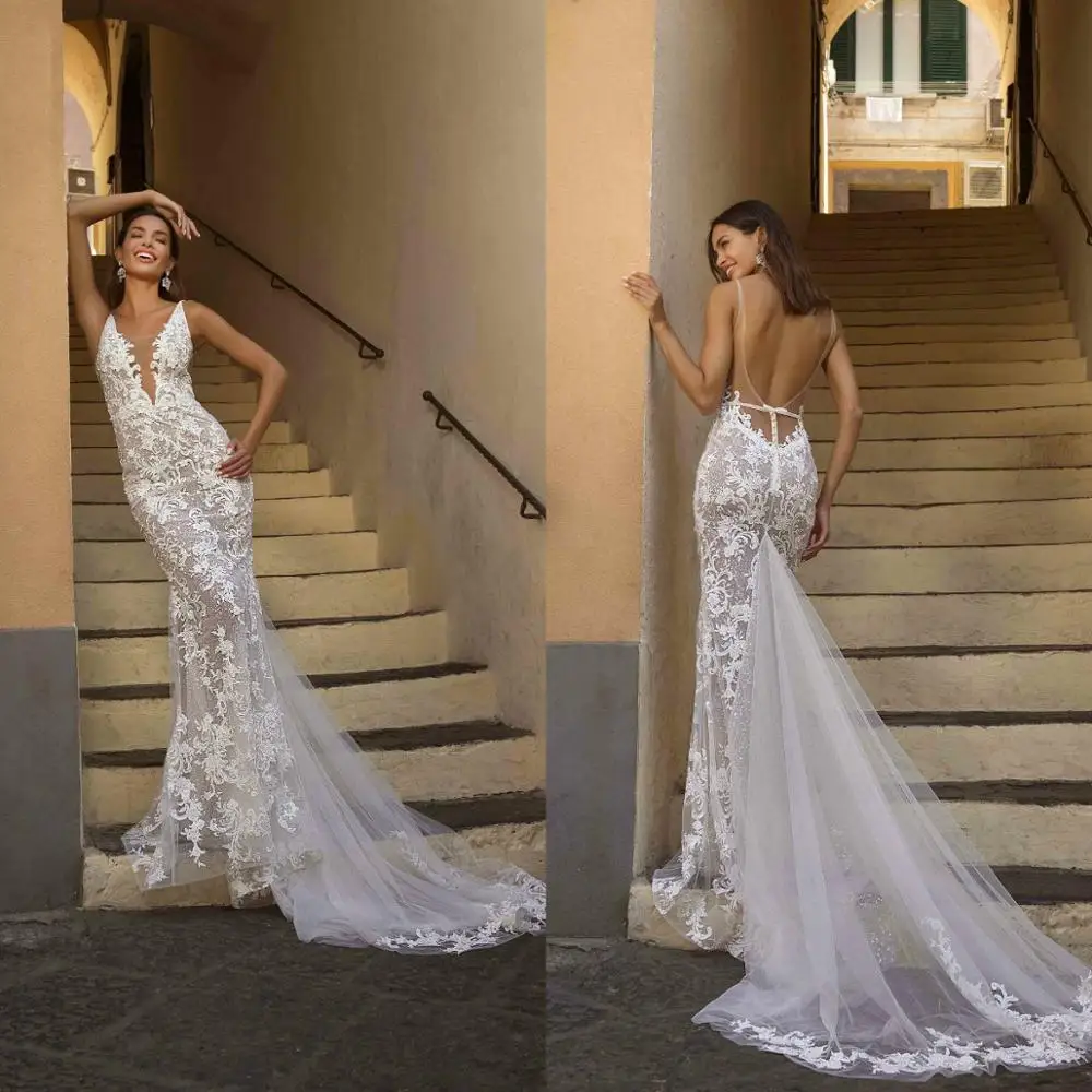 

2020 Sexy Mermaid Wedding Dresses Deep V Neck Lace Appliques Backless Beach Wedding Dress Bohmeian Boho Vestidos De Novia