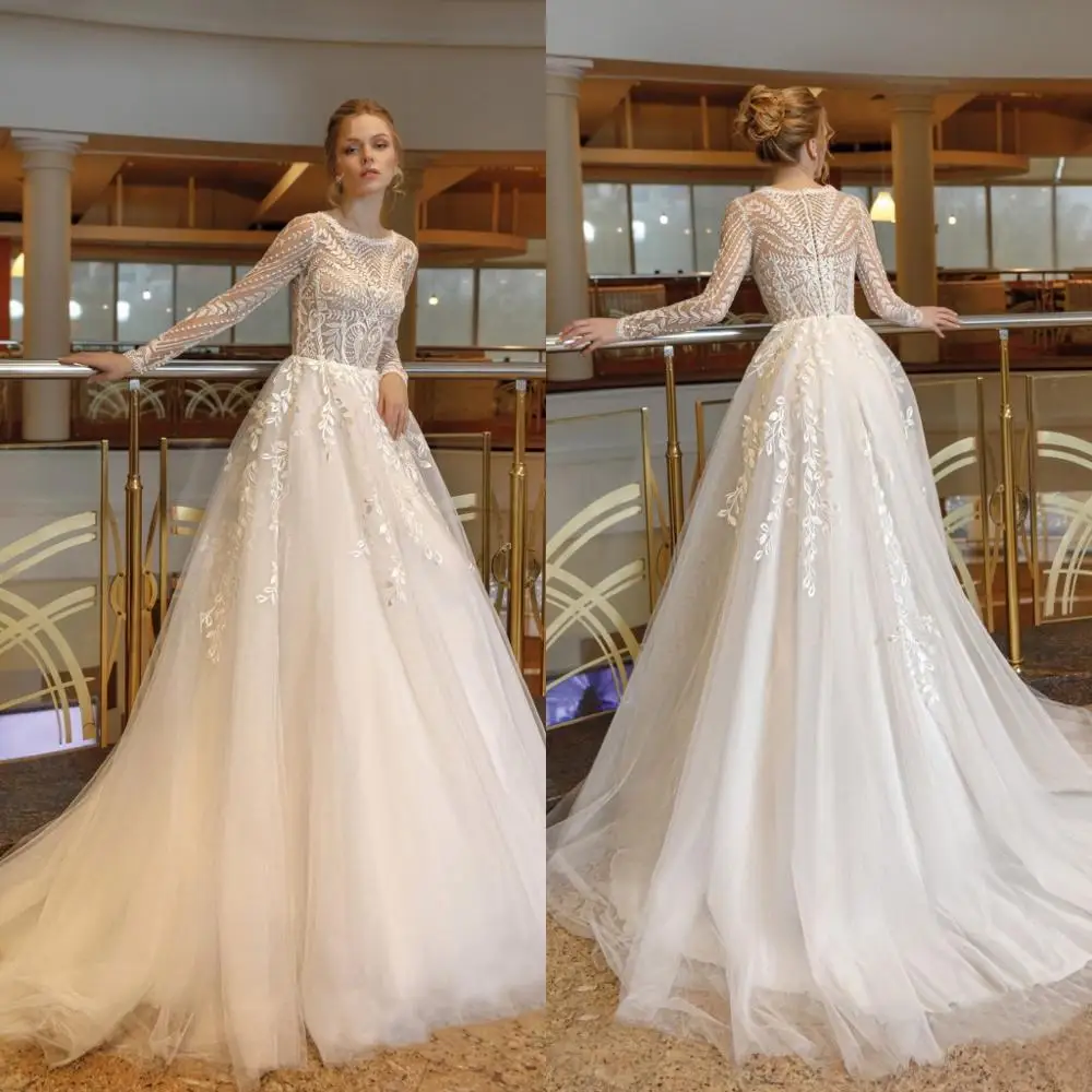 

2020 Wedding Dresses O-Neck Long Sleeves Lace Appliques Bridal Gowns Custom Made Button Back Sweep Train A Line Wedding Dress