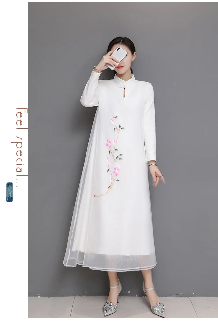 Photo Shoot Spring And Summer Retro National Wind Zen Frog Long Skirts Hand-Painted Knitted Organza Cheongsam Dress