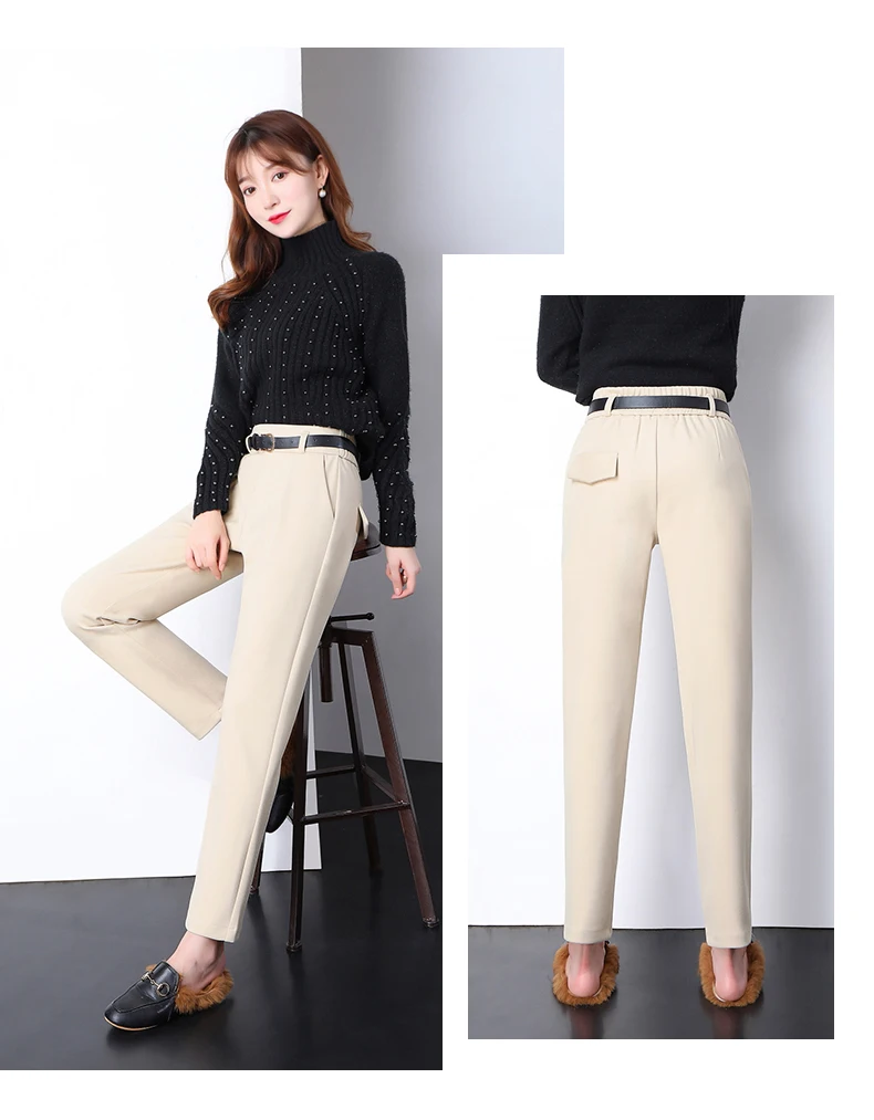 Winter Wool Pants Women Korean High Waist Belted Harem Trousers Female Elegant Autumn Warm Long Work Office Pants Plus Size