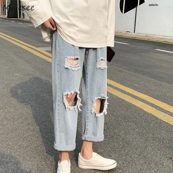 

Men Jeans Holes Fur-lined Casual Ankle-length Summer Chic Harajuku Mens Denim Wide Leg Trousers Streetwear Big Size 3XL Ulzzang