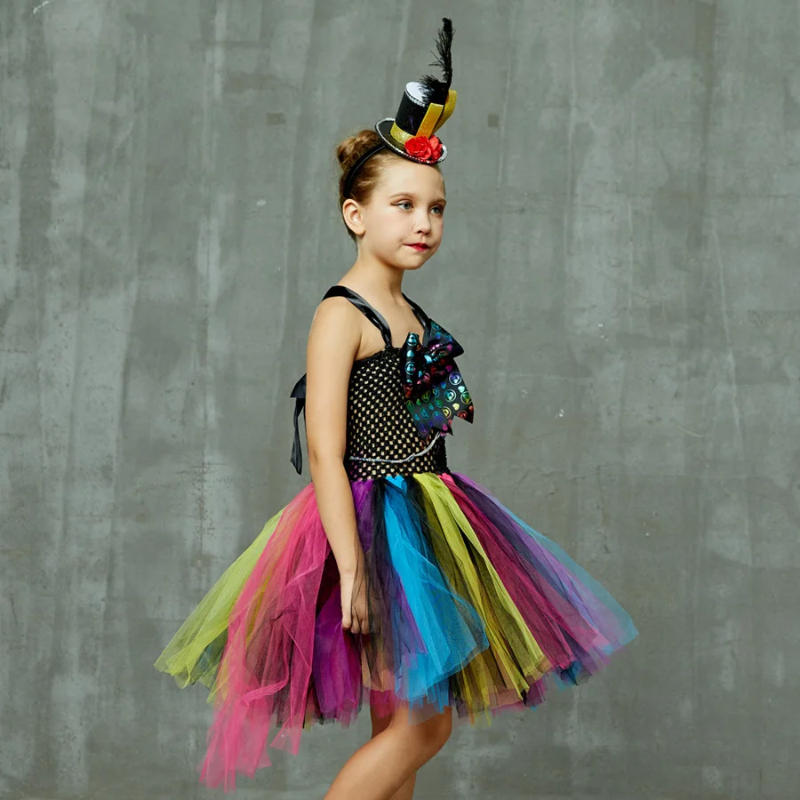 Colorful Mad Hatter Inspired Girls Tutu Dress with Headband Alice Wonderland Halloween Costume Children Carnival Party Dress (15)