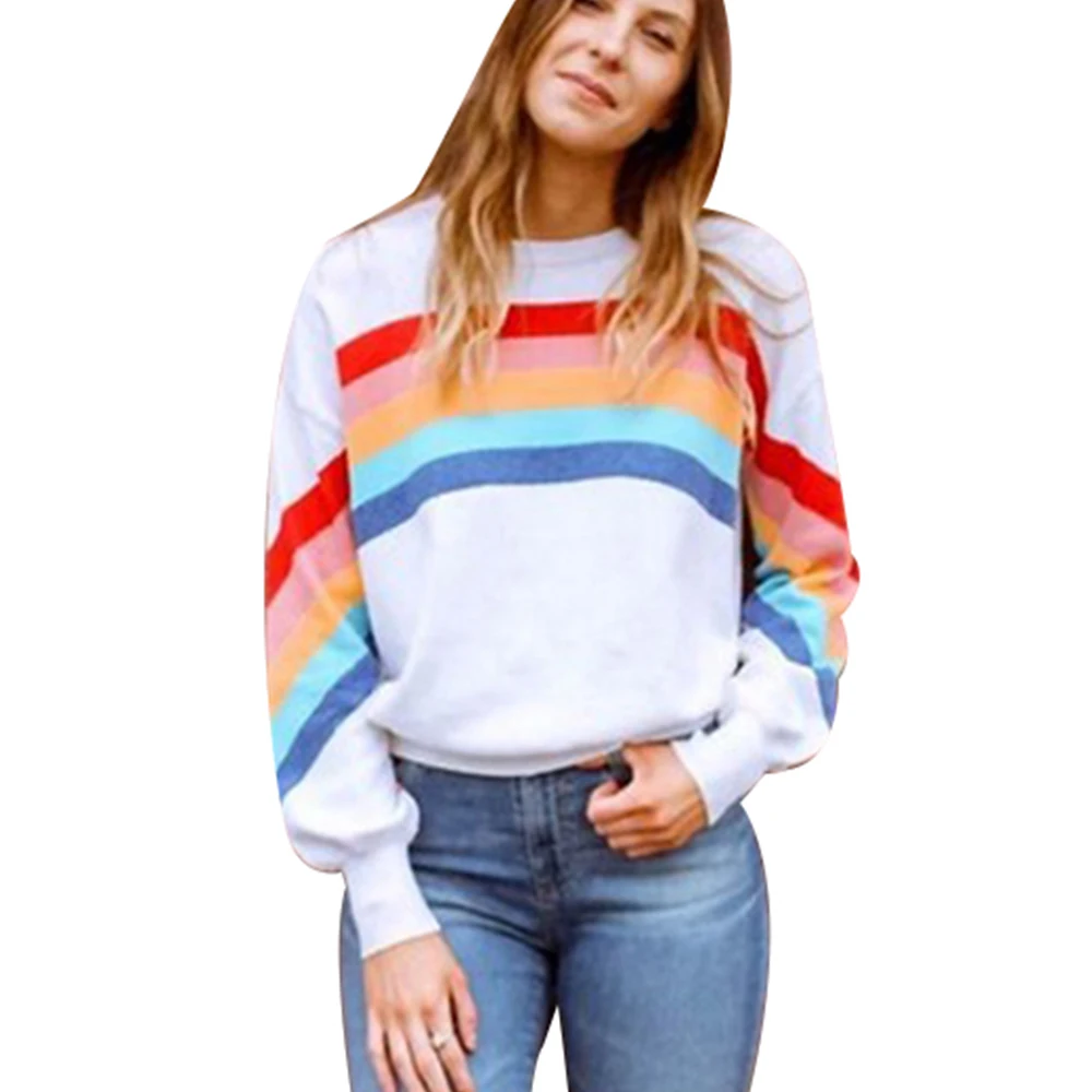 

Rainbow Colour Pullover Sweatshirt Fall O-Neck Sweatershirt Women Casual Loose bluza damska Female Streetwear sudadera mujer D30