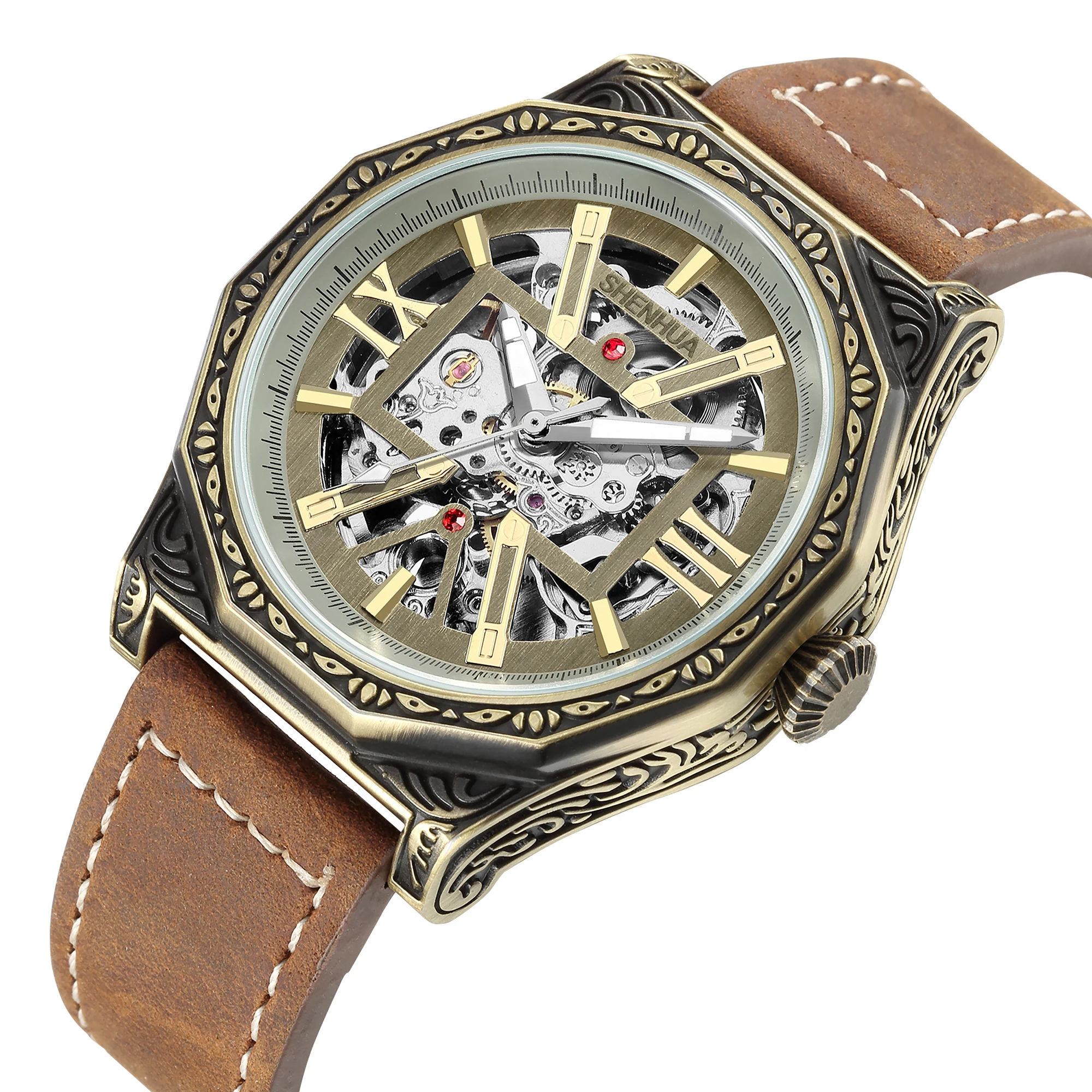 SH Retro Luxury Men's Mechanical Watch Automatic Self-Wind Movement Brown Leather Belt Diamond Shaped Crown Vintage Pattern 2021