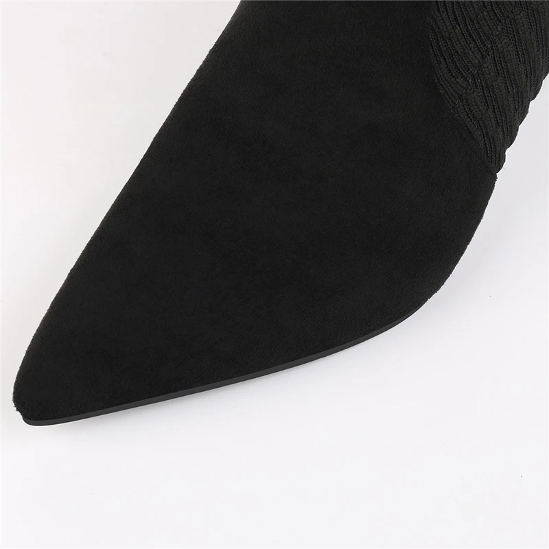 Женские сапоги с острым носком; эластичные сапоги на тонком высоком каблуке 7 см; бежевые, черные женские вязаные ботильоны; обувь больших размеров