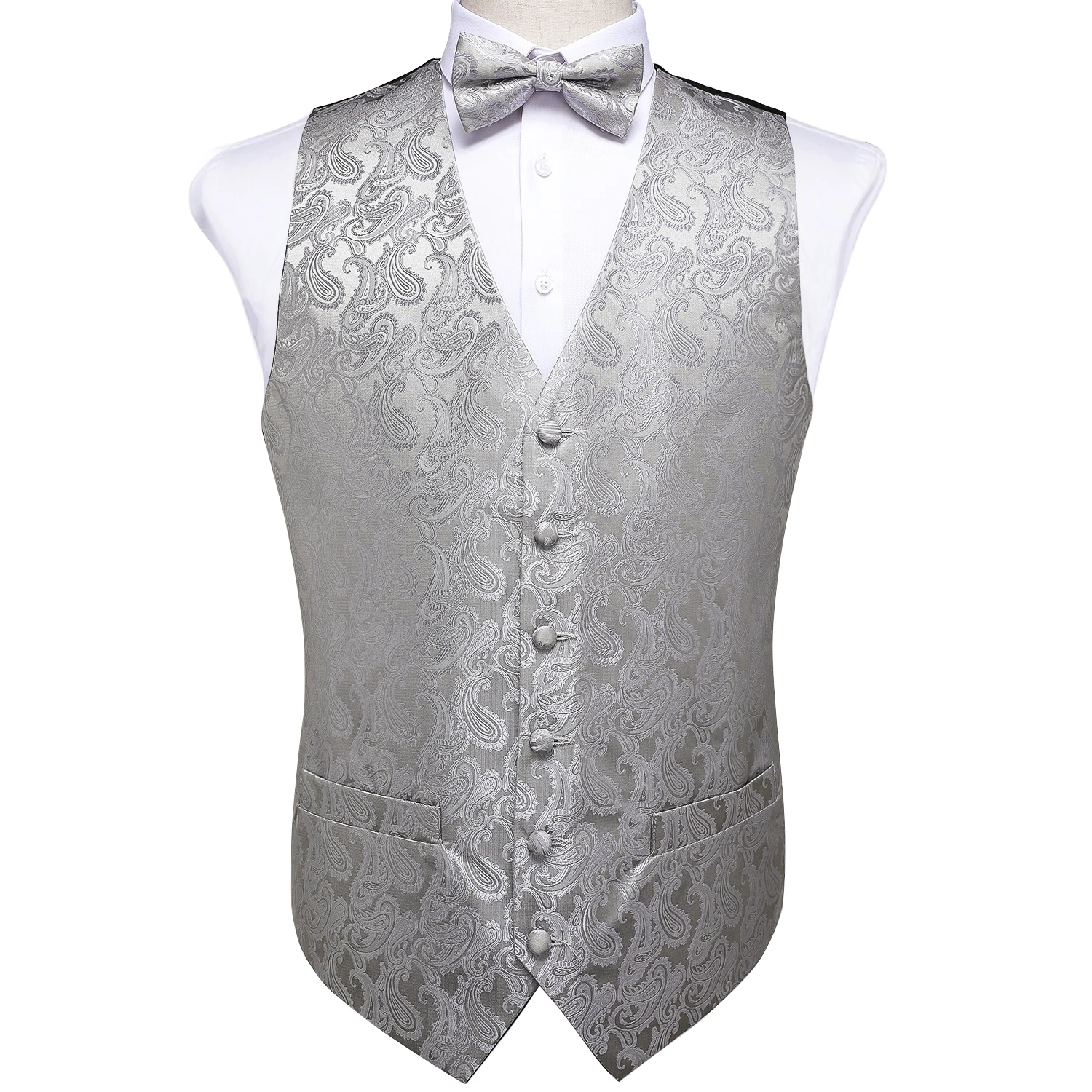 Men's Silver Paisley Fashion Wedding Men Silk Waistcoat Vest Bowties Hanky Cufflinks Cravat Set for Suit Tuxedo DiBanGu MJ-110 Men's Silver Paisley Fashion Wedding Men Silk Waistcoat Vest Bowties Hanky Cufflinks Cravat Set for Suit Tuxedo DiBanGu MJ-110