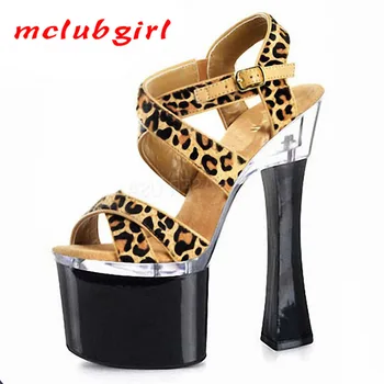 

Mclubgirl Women Sexy Leopard 18CM Super High Heels Platfrom Sandsls Sexy High Heels Glasses Nightclub Shoes Roman Style LYP