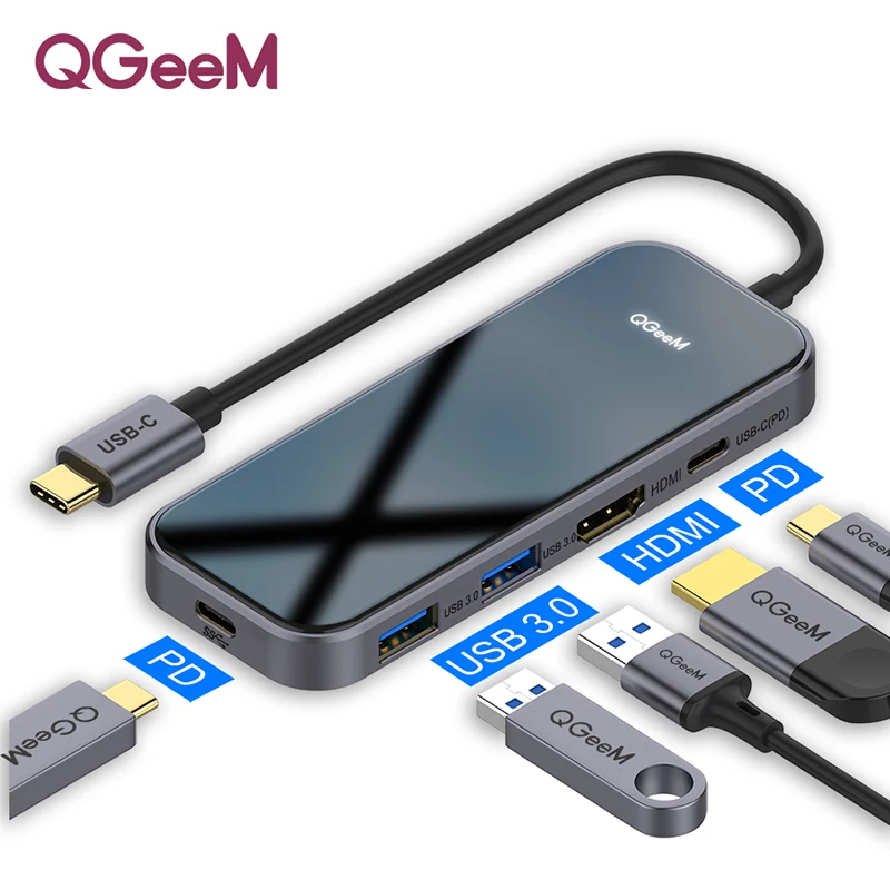 QGeeM USB C концентратор для Macbook Pro Мульти USB 3,1 концентратор Тип C 3,0 концентратор HDMI PD адаптер для iPad Pro OTG разветвитель зарядка USB C док-станция - Цвет: 5 Ports HUB Alloy