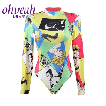 

Ohyeahlover Casual Basic Bodysuit Women Long Sleeve Cartoon Printing Body Rompers High Neck Stretchy Sexy Playsuit Top RM80847