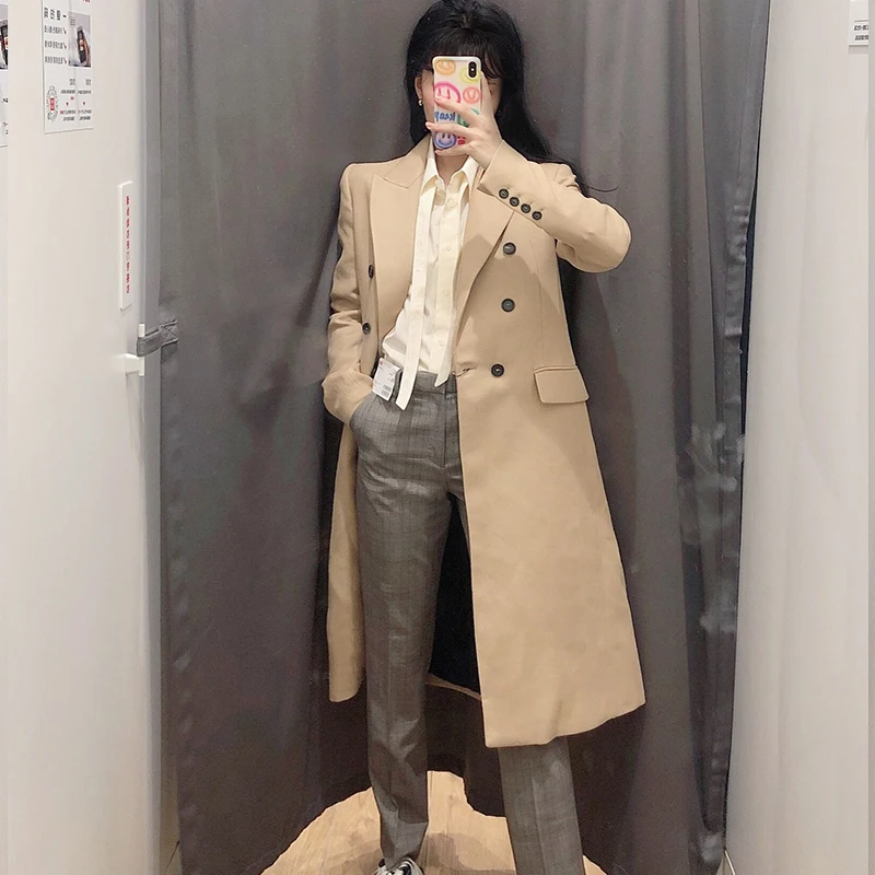 za 2020 Autumn Windbreaker Women Trench Coat Double breasted Turn-down Collar Long Coat Lady Streetwear Korean Outwear