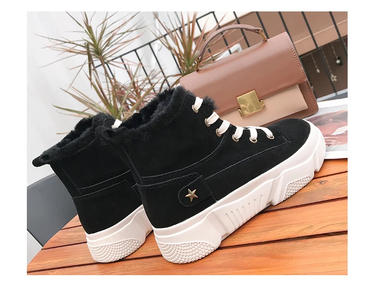 Aphixta Platform Shoes Winter Snow Boots Women Ankle Boots Flat Heel Star Lace-up Fur Bottes Flock Warm Plush Shoes Woman Boot