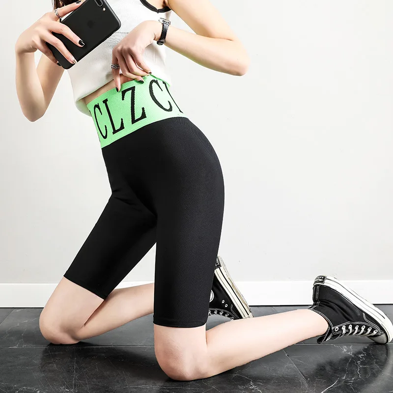 Sports Leggings Elastic Breathable Slim High Waist Leggings Thin Section Five-Point Alphabet Riding Running Skinny Pants F5A141
