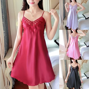 

Summer Pajamas Simulation Silk Thin Nightdress Women's Sexy Pajamas 2020 New Ladies Nightwear Solid Sleepwear Lace Set