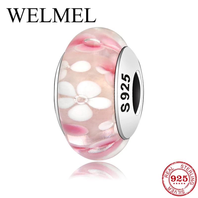 New 925 Sterling Silver White / Pink Flower Garden Murano Glass Beads Fit Original Pandora Charm Bracelet Jewelry 2020 | Украшения и