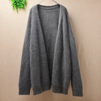 

female women winter loose oversize long sleeve mink cashmere clothes rabbit fur hand knitted coat sweaters cardigans jacket