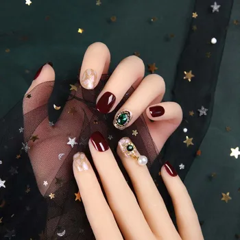 

24pcs Shiny False Nails Wine Red with Green Diamond Rhinestone Nail Charming Shining Phototherapy Artificial press on nails