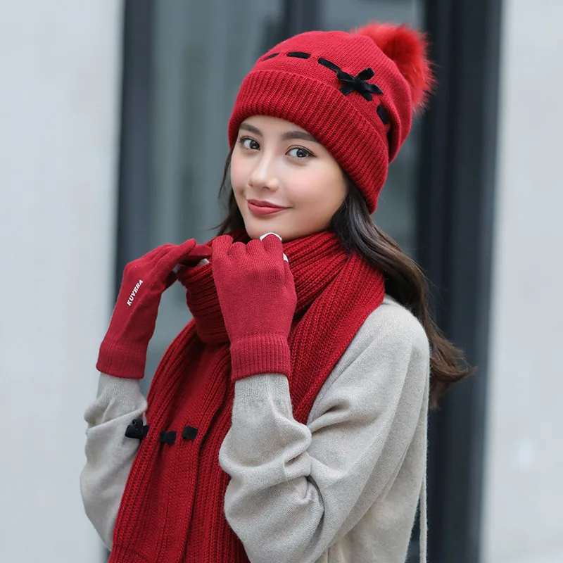 Зимняя женская шапка с помпонами шарф шапка и шарф перчатки Набор для женщин толстые теплые шапочки для девочек лыжный зимний комплект - Цвет: Jujube red