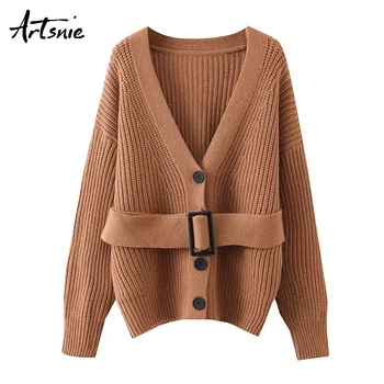 

Artsnie winter casual v neck women cardigans single breasted long sleeve oversized pull femme knitted streetwear sweaters jumper