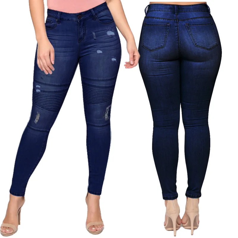 Pantalones vaqueros rasgados para mujer, Jeans pitillo elásticos de color  azul oscuro, a la moda, informales, de calle, S-2XL, 2022