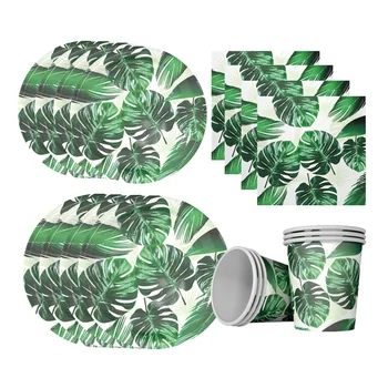 

1 Set of 56pcs Paper Tableware Hawaii Party Monstera Printed Disposable Decorative Dish Cups Tissue