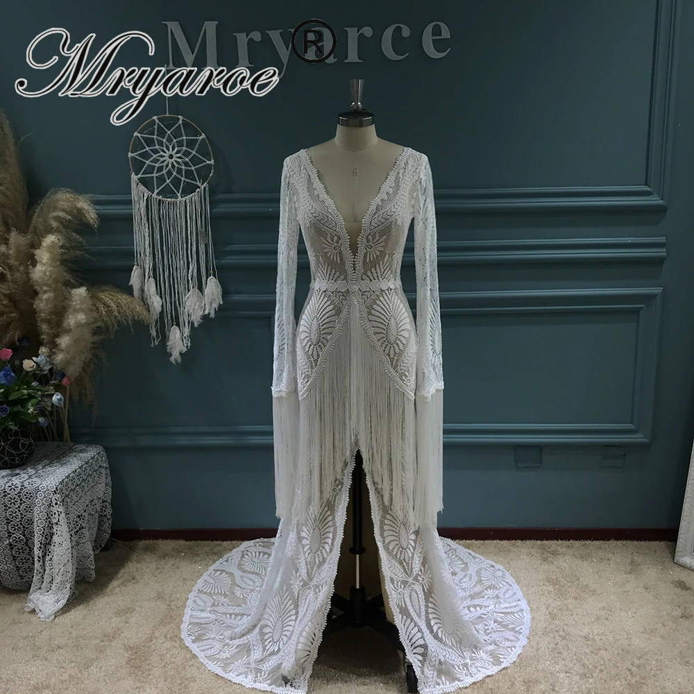 Mryarce 2022 Unique Bride Wedding Dress Tassel Lace Fringe Boho Sleeves Bohemian Bridal Gowns long sleeve bridal gowns