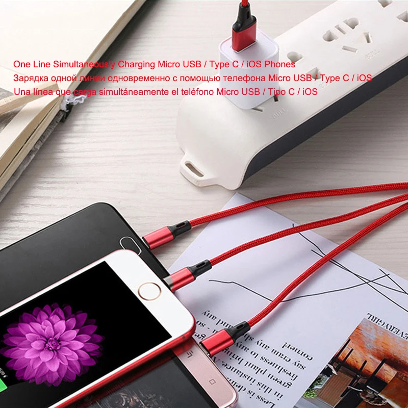 3 в 1 USB кабель 3.0A Быстрая зарядка кабель type-c usb c для iPhone XR 11X8 7 кабель освещения для Redmi Note 8 Pro samsung S9 10