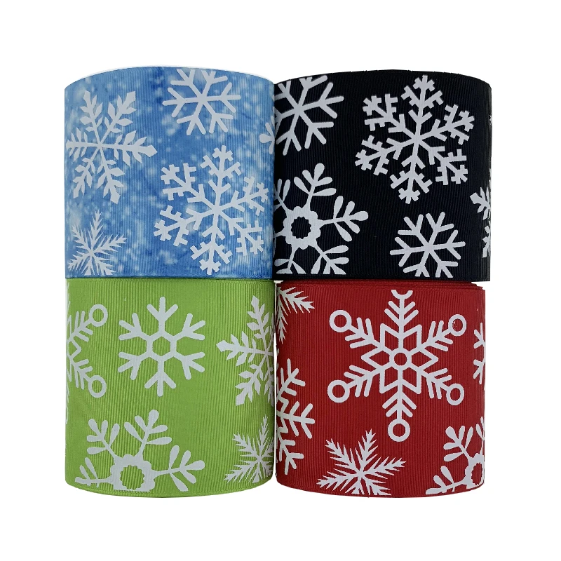 hot sell 3 inch(75mm) blue ribbon color glow in the dark snowflower print grosgrain Christmas ribbon for Bows accessories