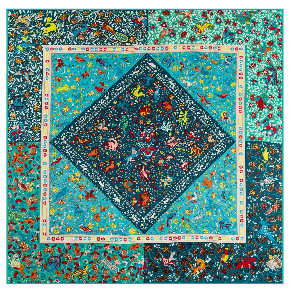 POBING Twill Seide Schal Frauen Schals Wald Tiere Drucken Stolen Bandana Halstuch Hijab Platz Schals Wraps Seide Foulards 130CM – Detail 3