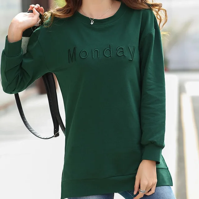 Women Cotton T-shirt Solid Color Letter Embroidery O-neck Long Sleeve Elegant Casual Tops 5