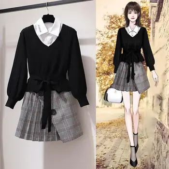 

2020 Fashion 3 Piece Set V-neck Knitted Tops And Skirt Set Elegant Women Korean Outfits Long Sleeve Office Work Winter Set