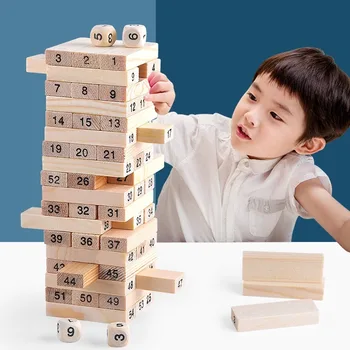 

54 Pcs Beech Wooden Tower Digital Jenga High Draw Building Blocks Domino Game Toys Early Education Toys Extract Building Blocks