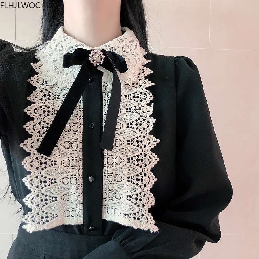 Womens Basic Office Lady Work Wear Cute Vintage Bow Tie Top White Lace Single Breasted Button Solid White Pink Shirts Blouses 4