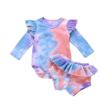 

2 Pcs Newborn Tie-dye autumn Outfits Infant Long Sleeve Round Neck Bodysuit Ruffle Shorts Toddler Ribbed Clothes Set