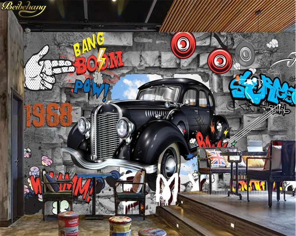 

beibehang Custom wall paper mural retro nostalgic european 3d brick wall car graffiti mural papel de parede 3D wallpaper