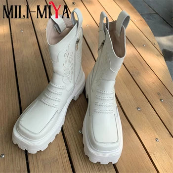 

MILI-MIYA Solid Color Riding Equestrian Ankle Boots Women Full Genuine Leather Zipper Fashion Square Toe Chunky Heels Shoes