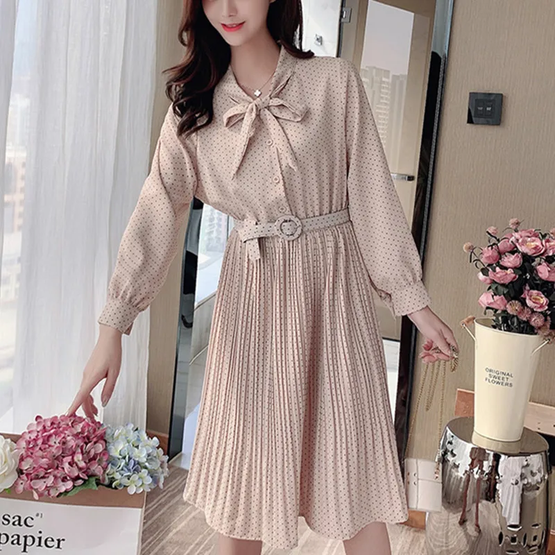 

Korean chiffon dress women Polka Dot dresses women Pleated Dress plus size woman high waist midi dresses vestidos verano 2020
