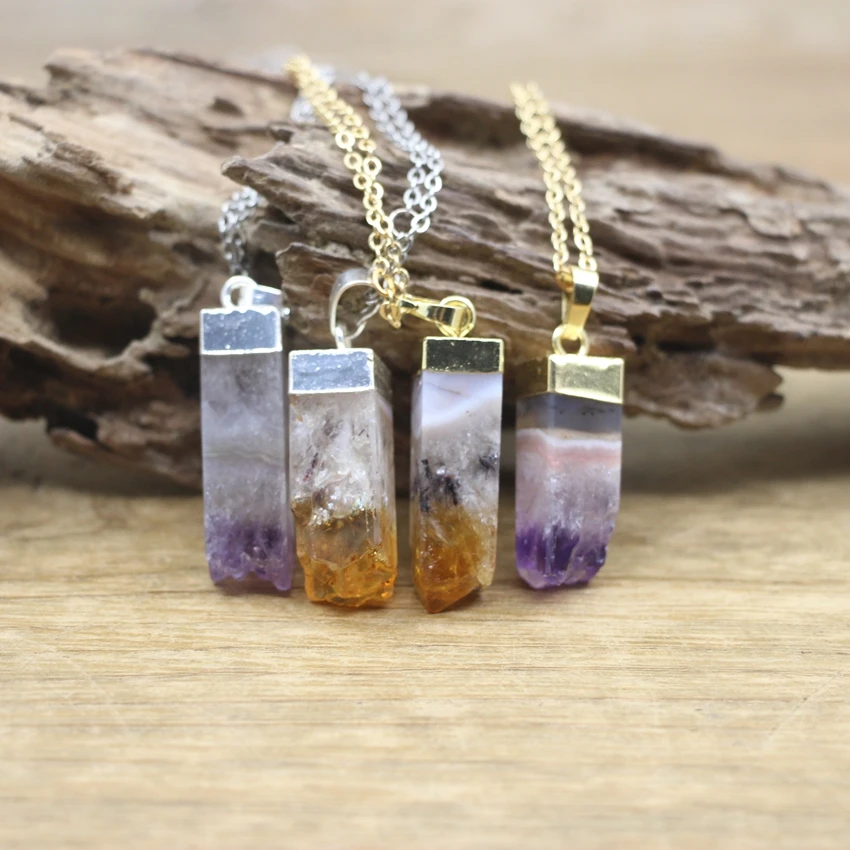 

Natural Citrines Amethysts Geode Druzy Rectangle Pillar Pendants,Crystal Quartz Drusy Point Charms Necklace Women Jewelry,QC3094