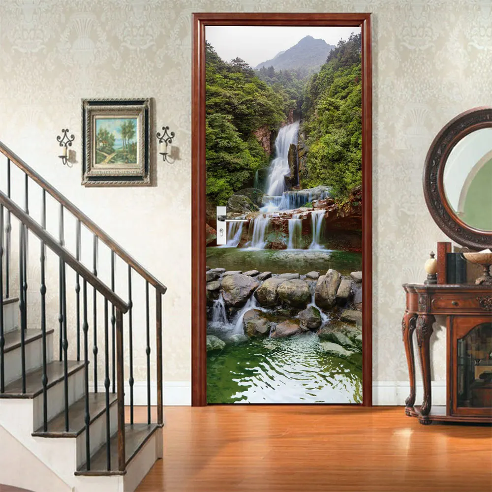 

3D Print Art Sticker Picture Self Adhesive Forest Waterfall Landscape Decal Home Decor PVC Waterproof Living Room Door Poster
