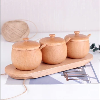 

BEST3Pcs Wood Seasoning Jar Salt Can Spice Pots Bowls with Spoon and Lid Storage Wooden Tray Tea Storage Container Condiment Jar