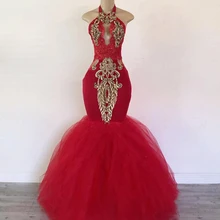 Африканская темнокожая Девушка длинное платье выпускного вечера реальная фотография Сексуальная спинки Холтер золото Appiques Красный Русалка платье выпускного вечера es