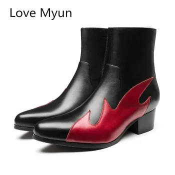 

Autumn Winter Genuine Leather Men Boots Warm Plush Snow Boots High Heels Chelsea Ankle Boots Fashion WingTip Pointed Toe Boots