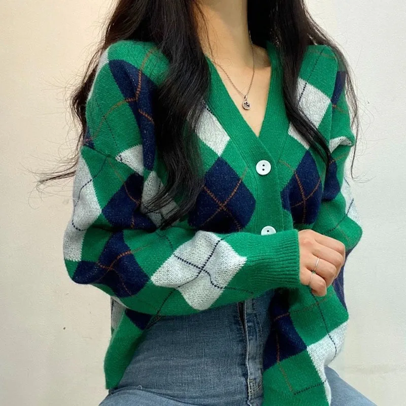 Ins Street Cool Girls Green Plaid Cardigan Coat Women