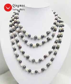 

Qingmos Fashion Natural Freshwater Pearl Necklace for Woman with 6-7mm White and Black Pearl Long Necklace Jewelry 80" nec5008