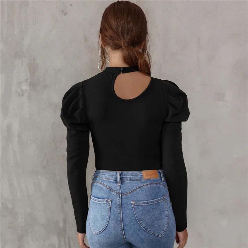 Women's Black Long-sleeved Hollow Round Neck Puff Sleeve T-shirt Casual Street Wear Slim Fashion Party Wear Office Lady Wear