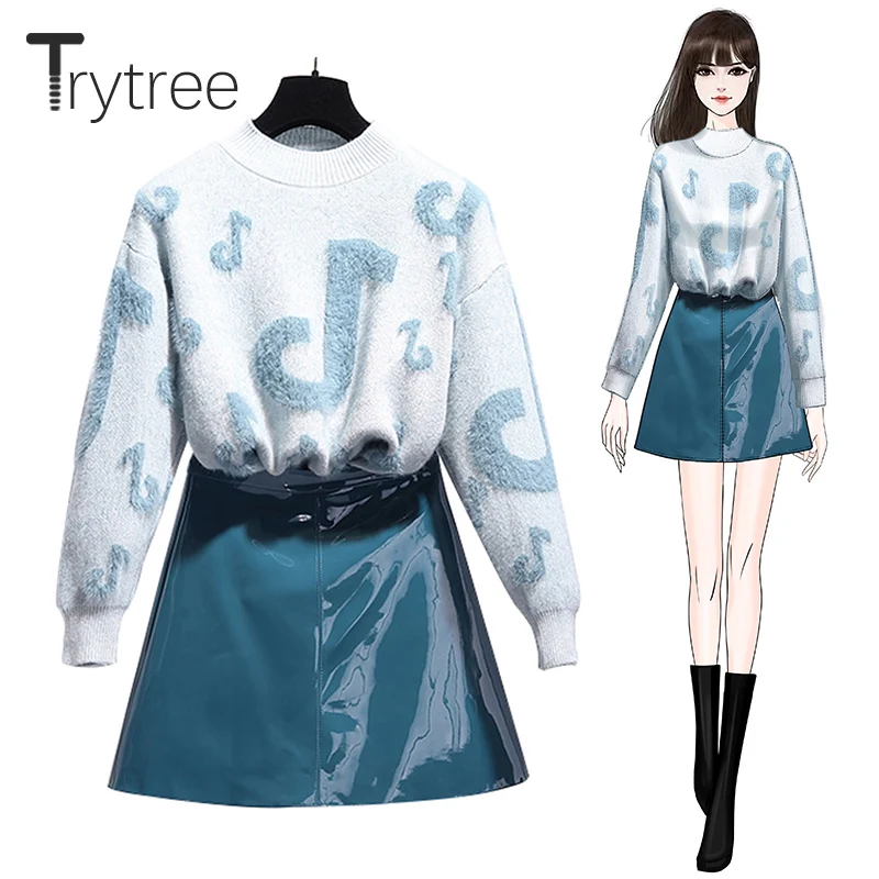 Trytree осенне-зимний комплект из двух предметов, повседневный Свободный Топ с круглым вырезом+ юбка на молнии, офисный женский мини Модный комплект из 2 предметов