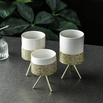 

1 Piece Nordic Minimalism Style Golden Ceramics Vase Tabletop Iron Art Flower Pot Home Wedding Living Room Decor S M L