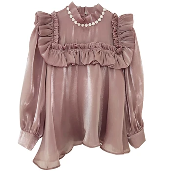 

2020 spring Peals Women Shirt Stand Collar Lantern Long Sleeve Loose Ruffles Blouse