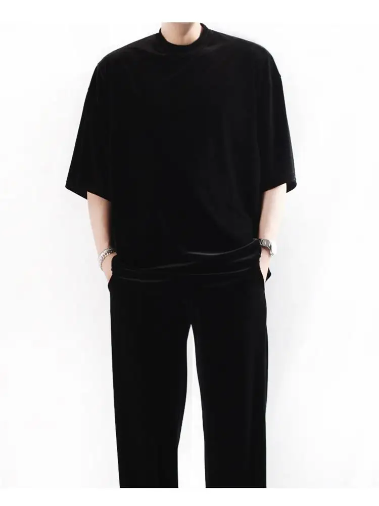 

Men's Short Sleeve T-Shirt Summer New Velvet Pullover Dark Korean Quality Leisure Loose Large Size Half Sleeve Top